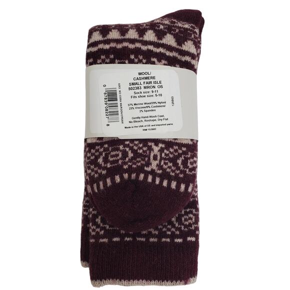 Garnet Hill Fair Isle Socks 9-11 Warm Wool Cashmere Blend Soft Crew Maroon Cream - Picture 5 of 6